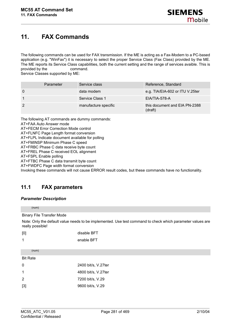 Fax commands, 1 fax parameters, Obile | Siemens MC55 User Manual | Page 281 / 469