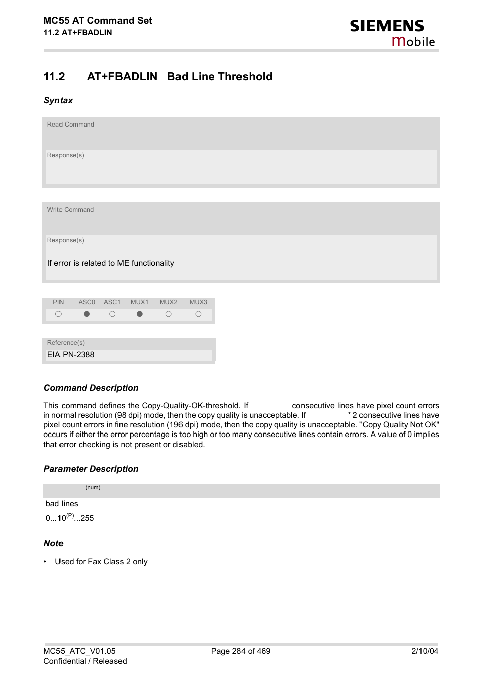 2 at+fbadlin bad line threshold, Obile | Siemens MC55 User Manual | Page 284 / 469