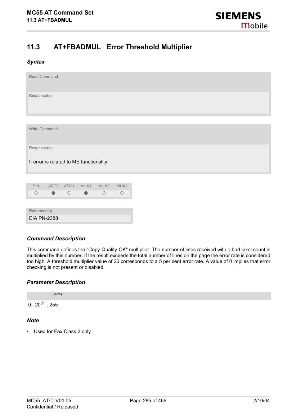 3 at+fbadmul error threshold multiplier, Obile | Siemens MC55 User Manual | Page 285 / 469