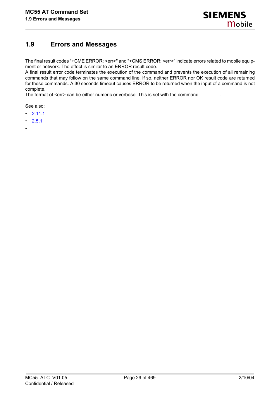 9 errors and messages, Errors and messages, Obile | Siemens MC55 User Manual | Page 29 / 469