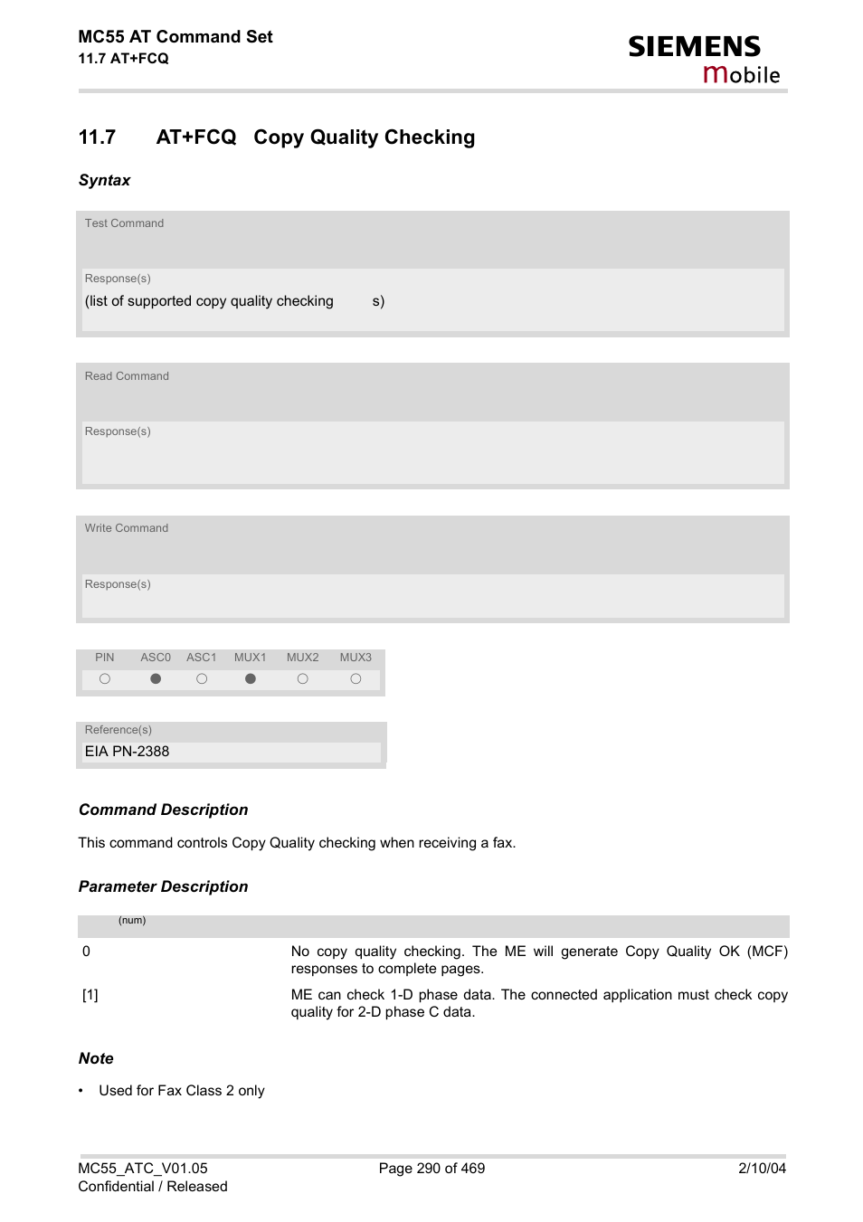 7 at+fcq copy quality checking, Obile, Mc55 at command set | Siemens MC55 User Manual | Page 290 / 469