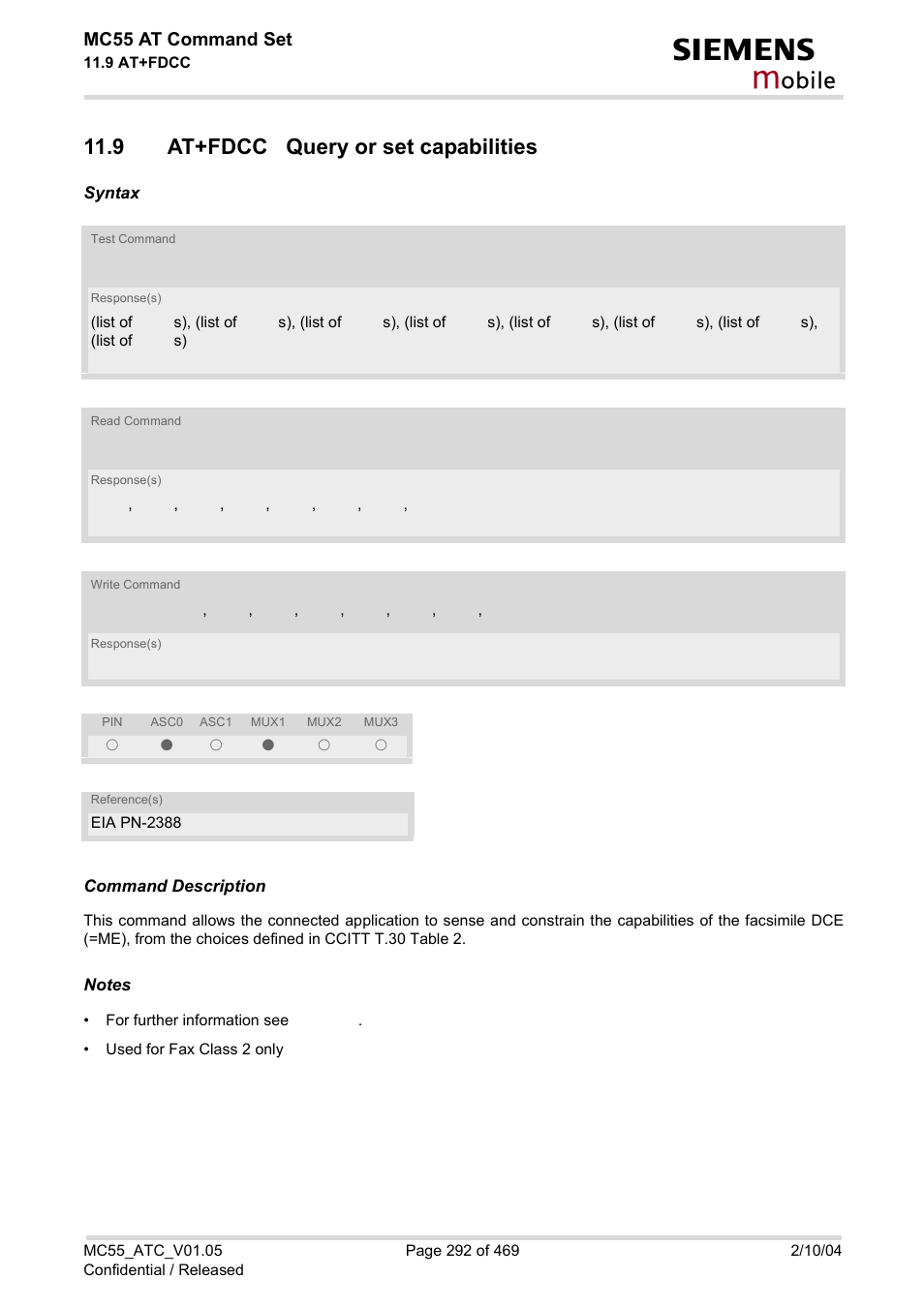 9 at+fdcc query or set capabilities, Obile, Mc55 at command set | Siemens MC55 User Manual | Page 292 / 469