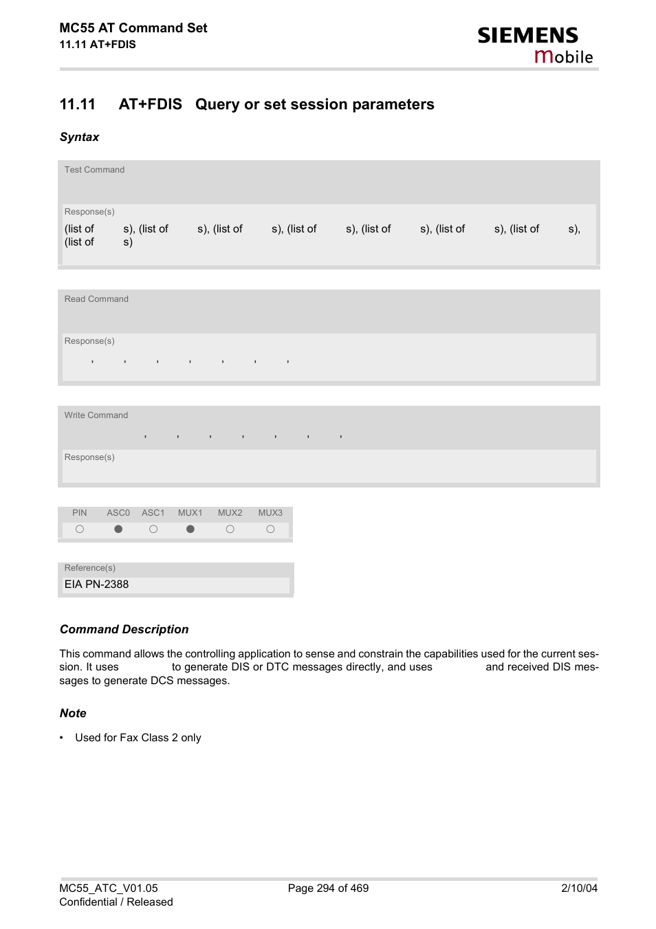 11 at+fdis query or set session parameters, At+fdis, Obile | Mc55 at command set | Siemens MC55 User Manual | Page 294 / 469