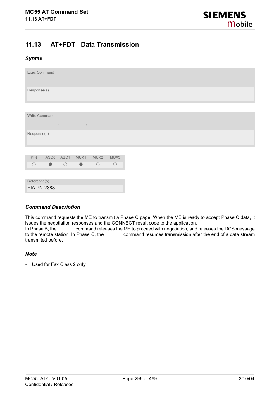 13 at+fdt data transmission, At+fdt, Obile | Siemens MC55 User Manual | Page 296 / 469