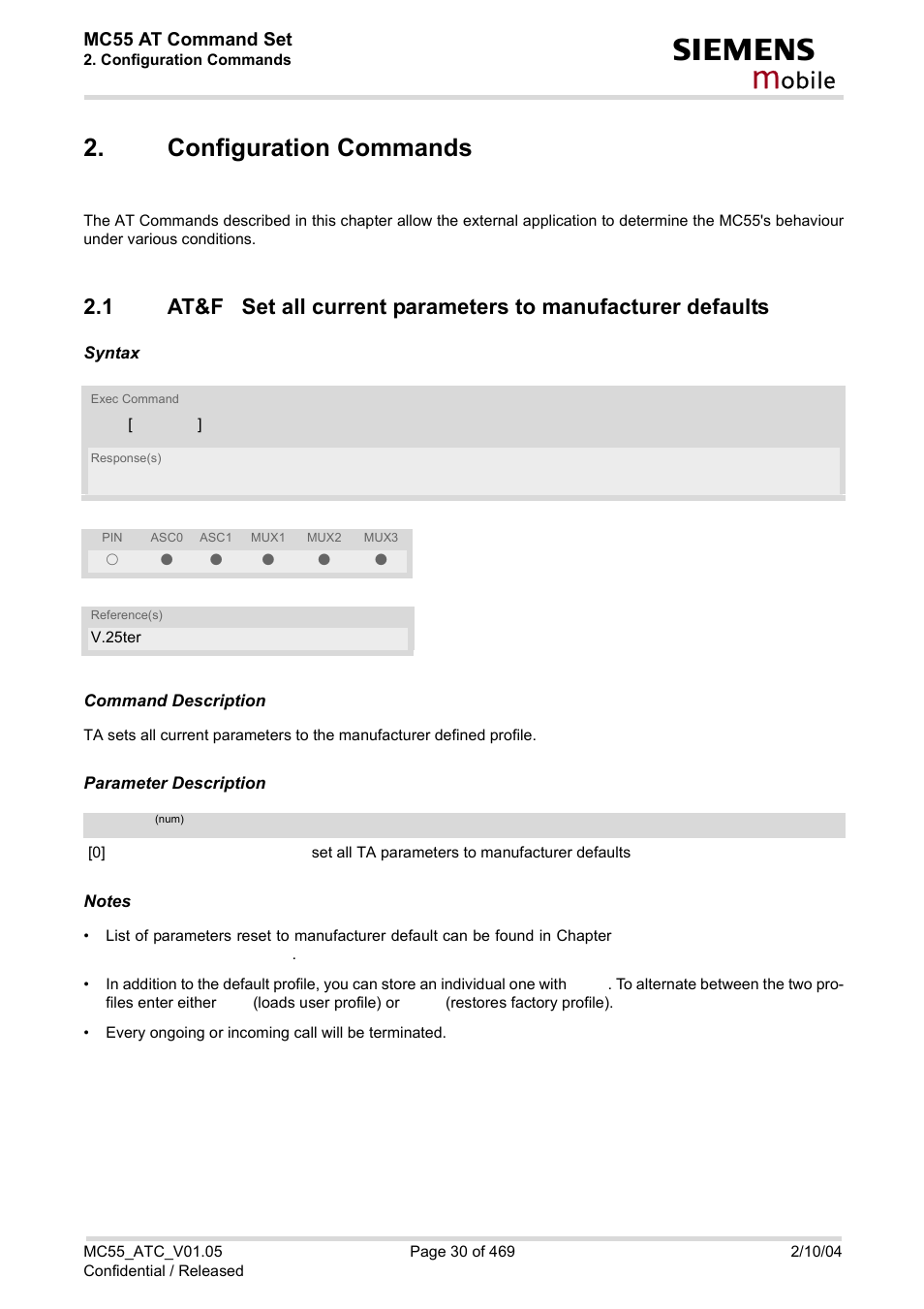 Configuration commands, At&f, Obile | Siemens MC55 User Manual | Page 30 / 469