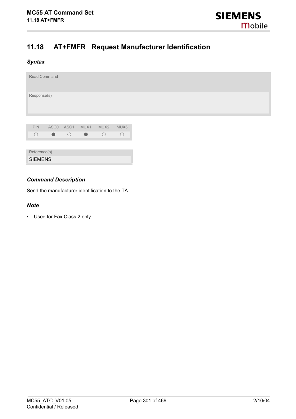 18 at+fmfr request manufacturer identification, Obile | Siemens MC55 User Manual | Page 301 / 469