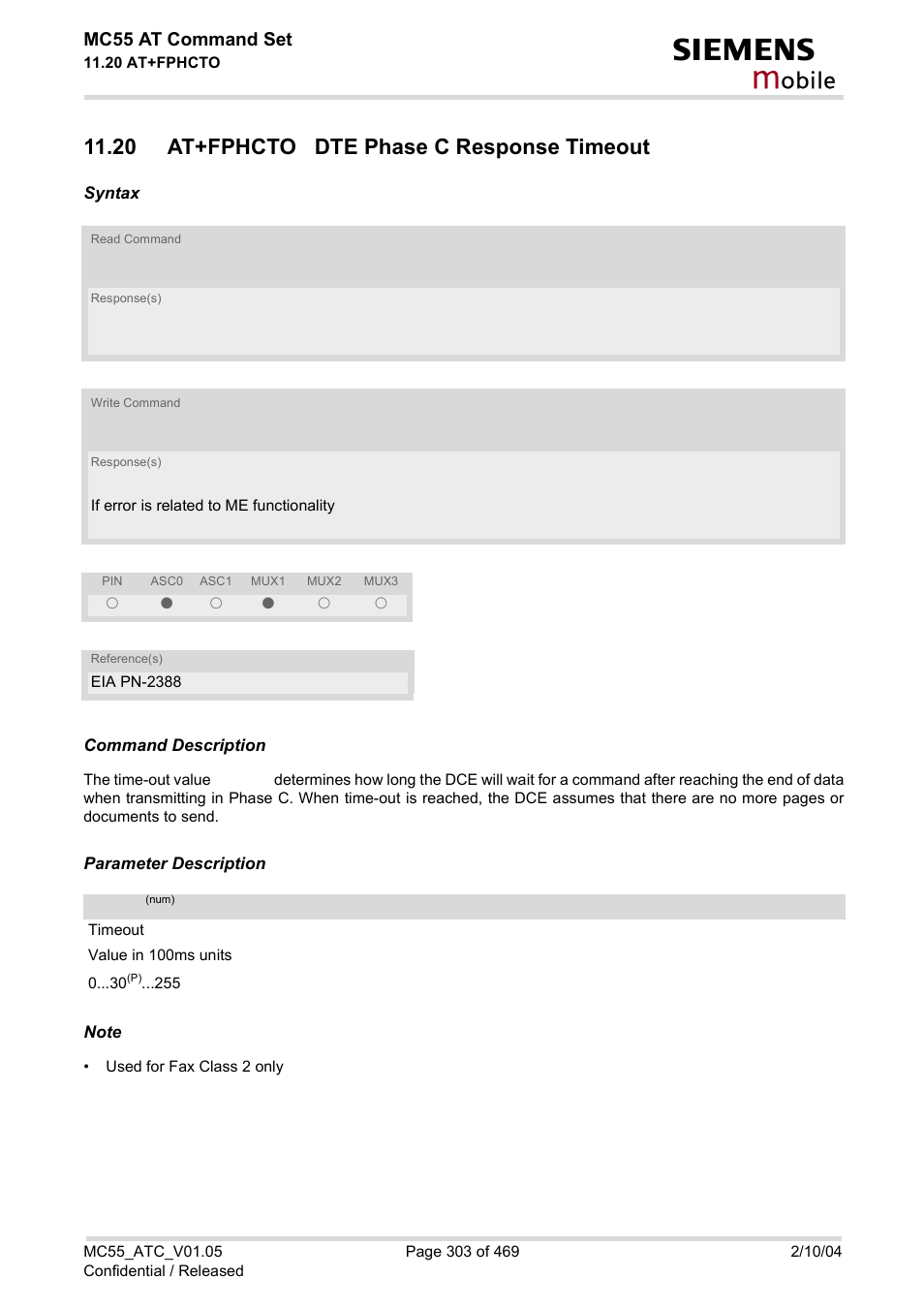 20 at+fphcto dte phase c response timeout, Obile | Siemens MC55 User Manual | Page 303 / 469