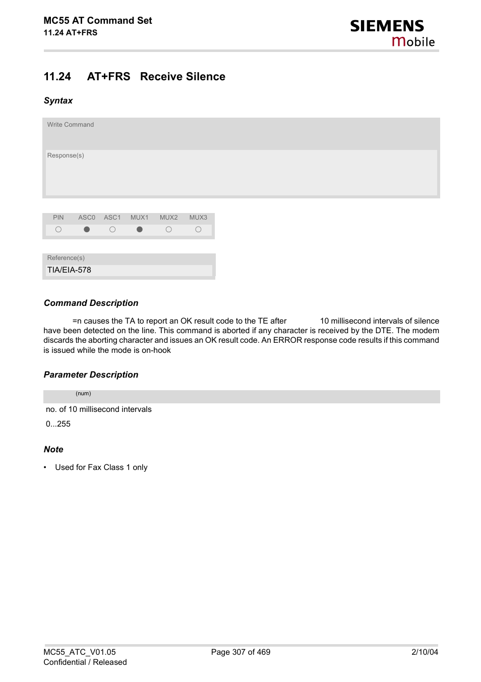 24 at+frs receive silence, Obile | Siemens MC55 User Manual | Page 307 / 469