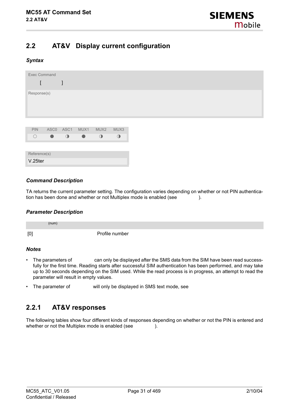 2 at&v display current configuration, 1 at&v responses, At&v display current configuration | At&v responses, At&v, Obile | Siemens MC55 User Manual | Page 31 / 469