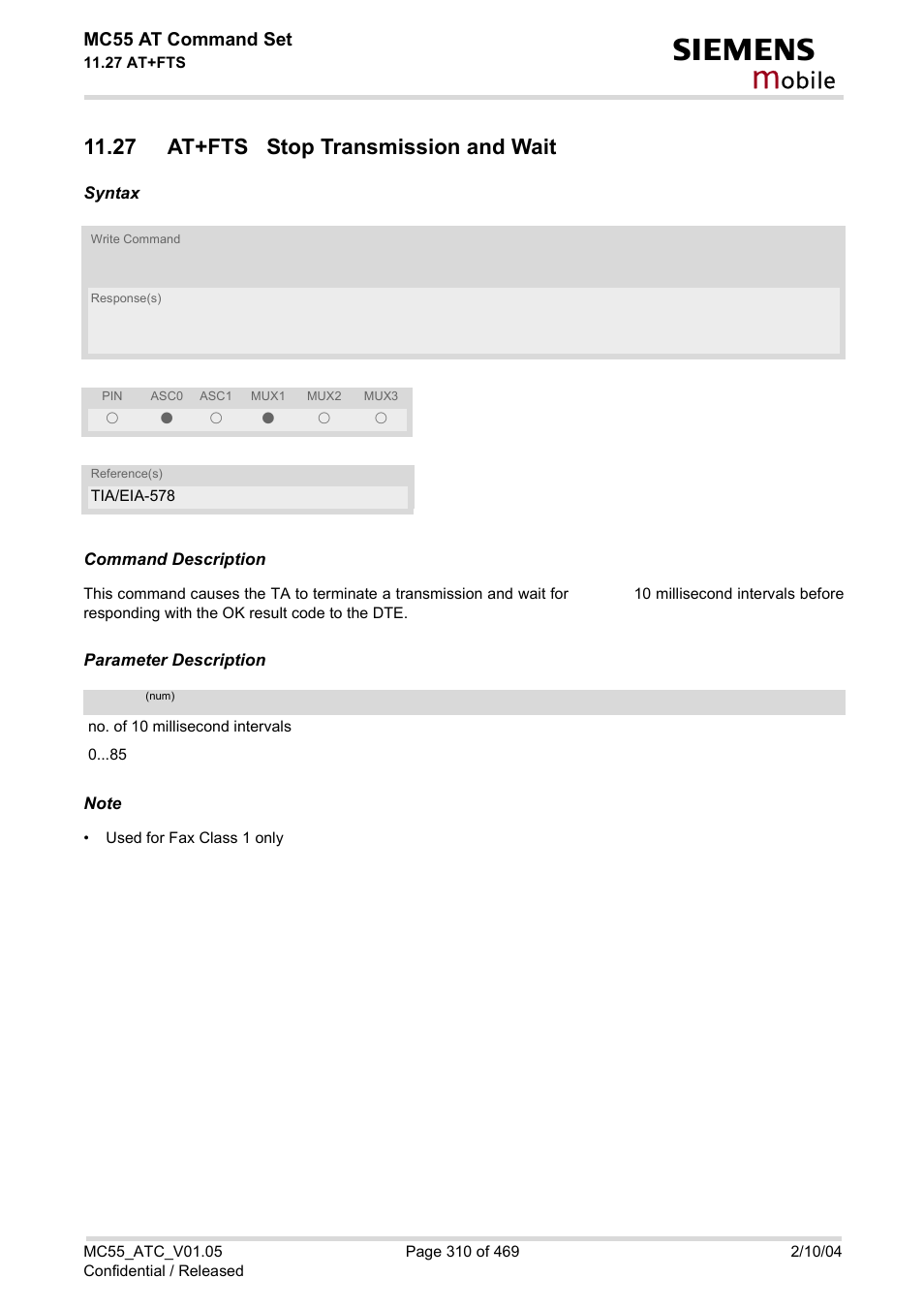 27 at+fts stop transmission and wait, Obile | Siemens MC55 User Manual | Page 310 / 469