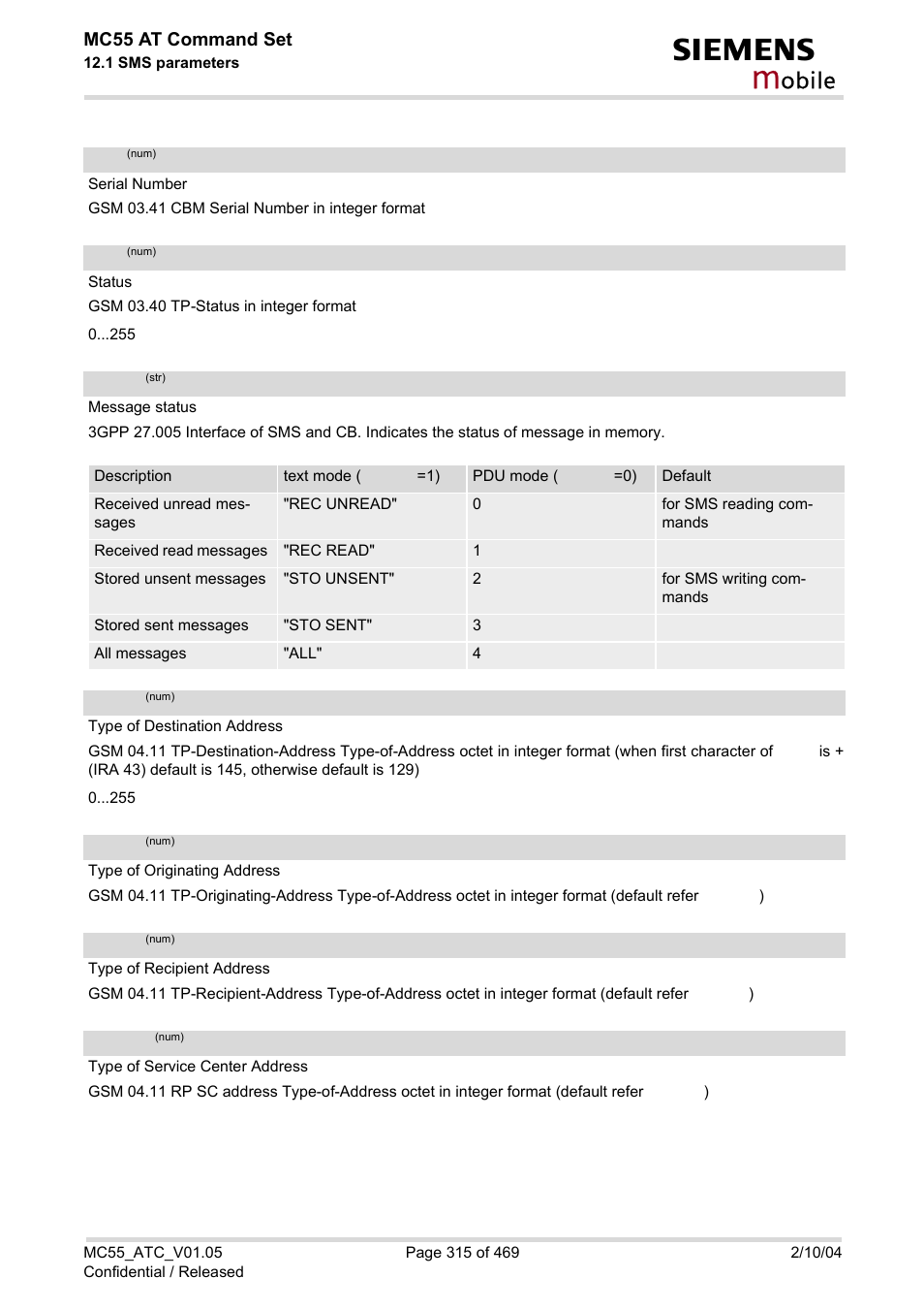 Toda, Tooa, Tora | Tosca, Obile, Mc55 at command set | Siemens MC55 User Manual | Page 315 / 469