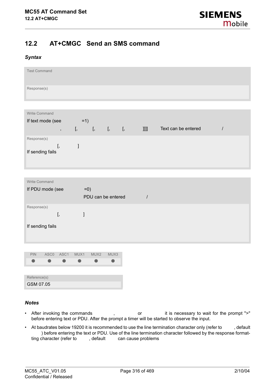 2 at+cmgc send an sms command, Obile, Mc55 at command set | Siemens MC55 User Manual | Page 316 / 469