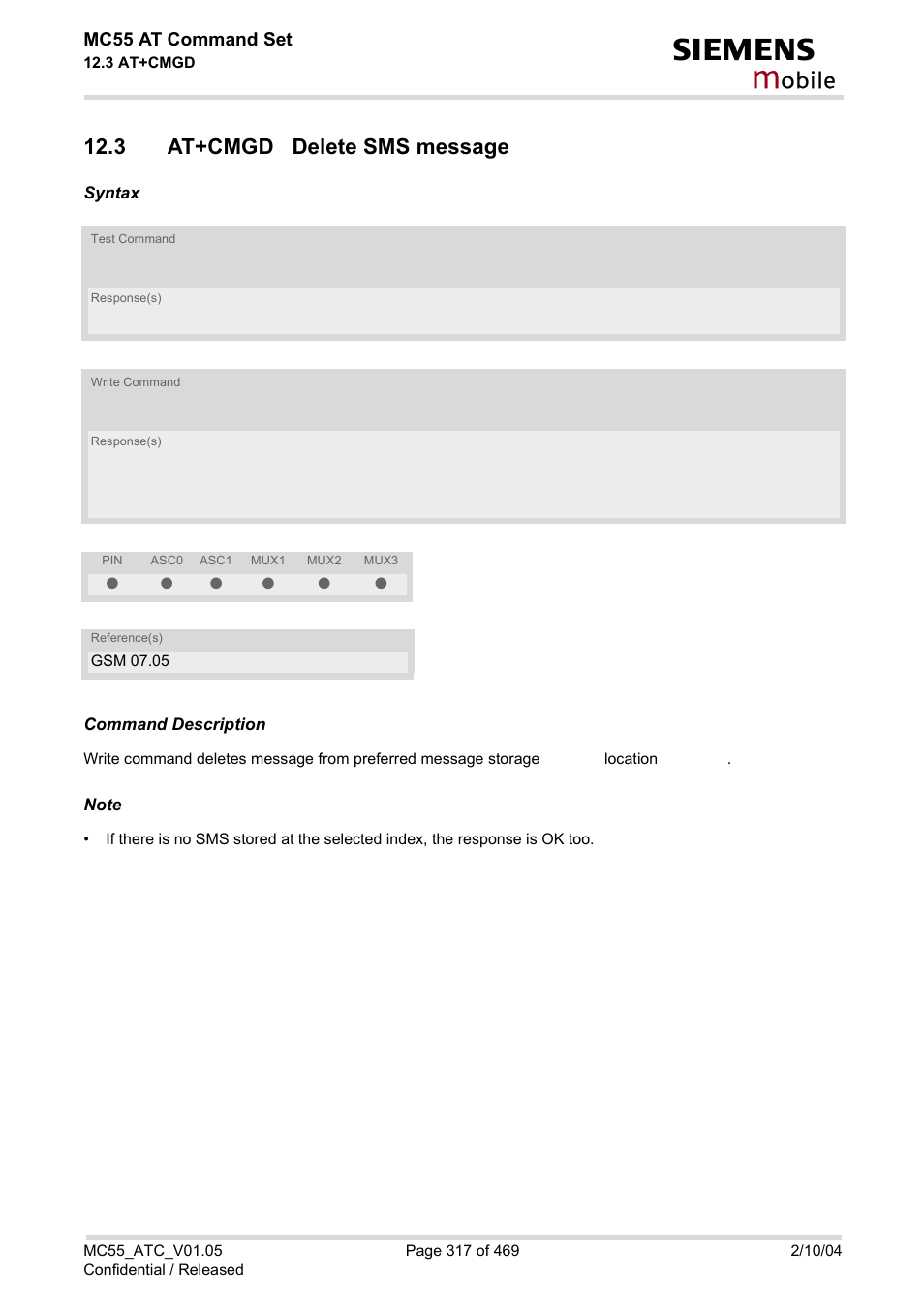 3 at+cmgd delete sms message, Obile | Siemens MC55 User Manual | Page 317 / 469