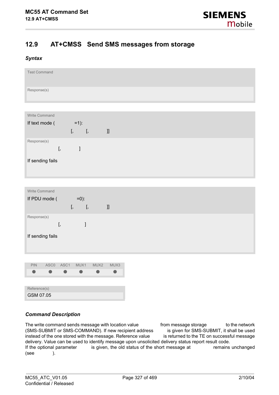 9 at+cmss send sms messages from storage, Obile, Mc55 at command set | Siemens MC55 User Manual | Page 327 / 469