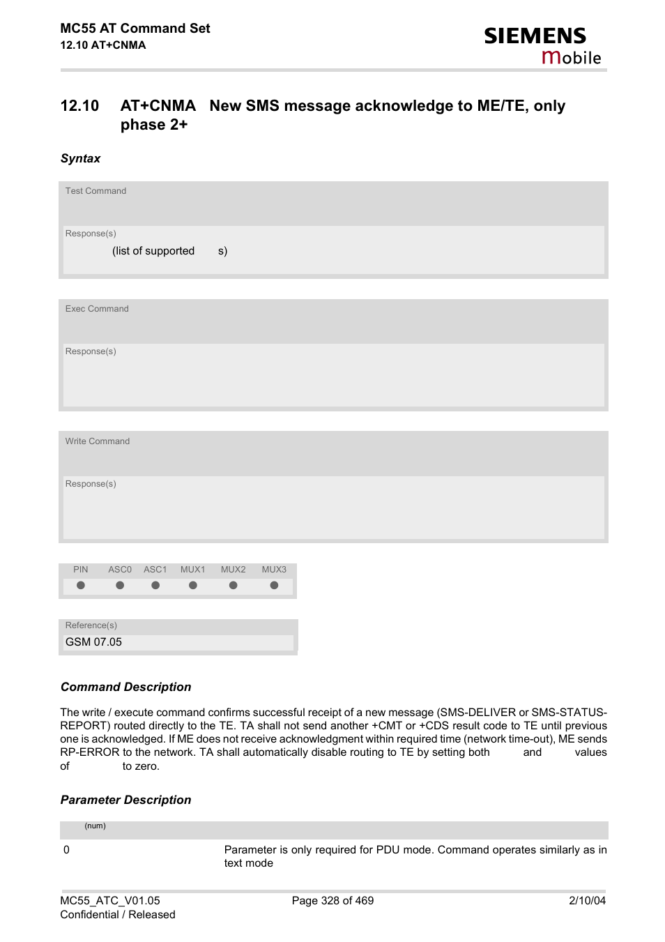 At+cnma, Obile, Mc55 at command set | Siemens MC55 User Manual | Page 328 / 469