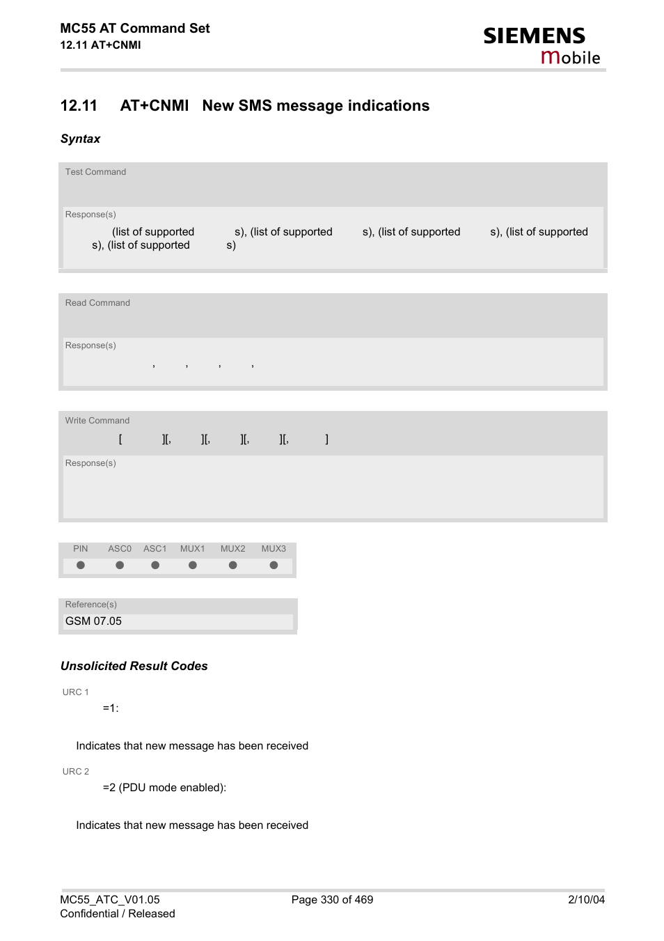 11 at+cnmi new sms message indications, At+cnmi, Obile | Mc55 at command set | Siemens MC55 User Manual | Page 330 / 469