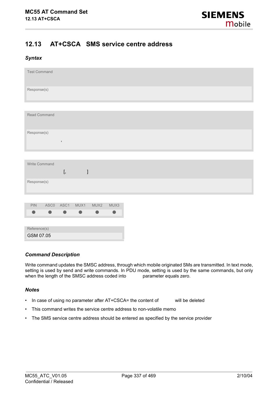 13 at+csca sms service centre address, Obile | Siemens MC55 User Manual | Page 337 / 469