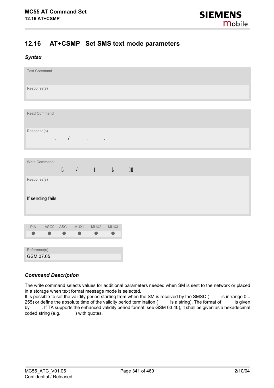 16 at+csmp set sms text mode parameters, At+csmp, Obile | Mc55 at command set | Siemens MC55 User Manual | Page 341 / 469