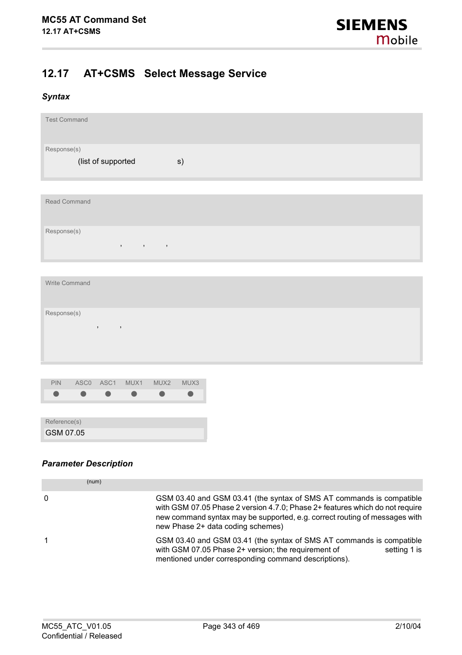 17 at+csms select message service, At+csms, Service | Obile, Mc55 at command set | Siemens MC55 User Manual | Page 343 / 469