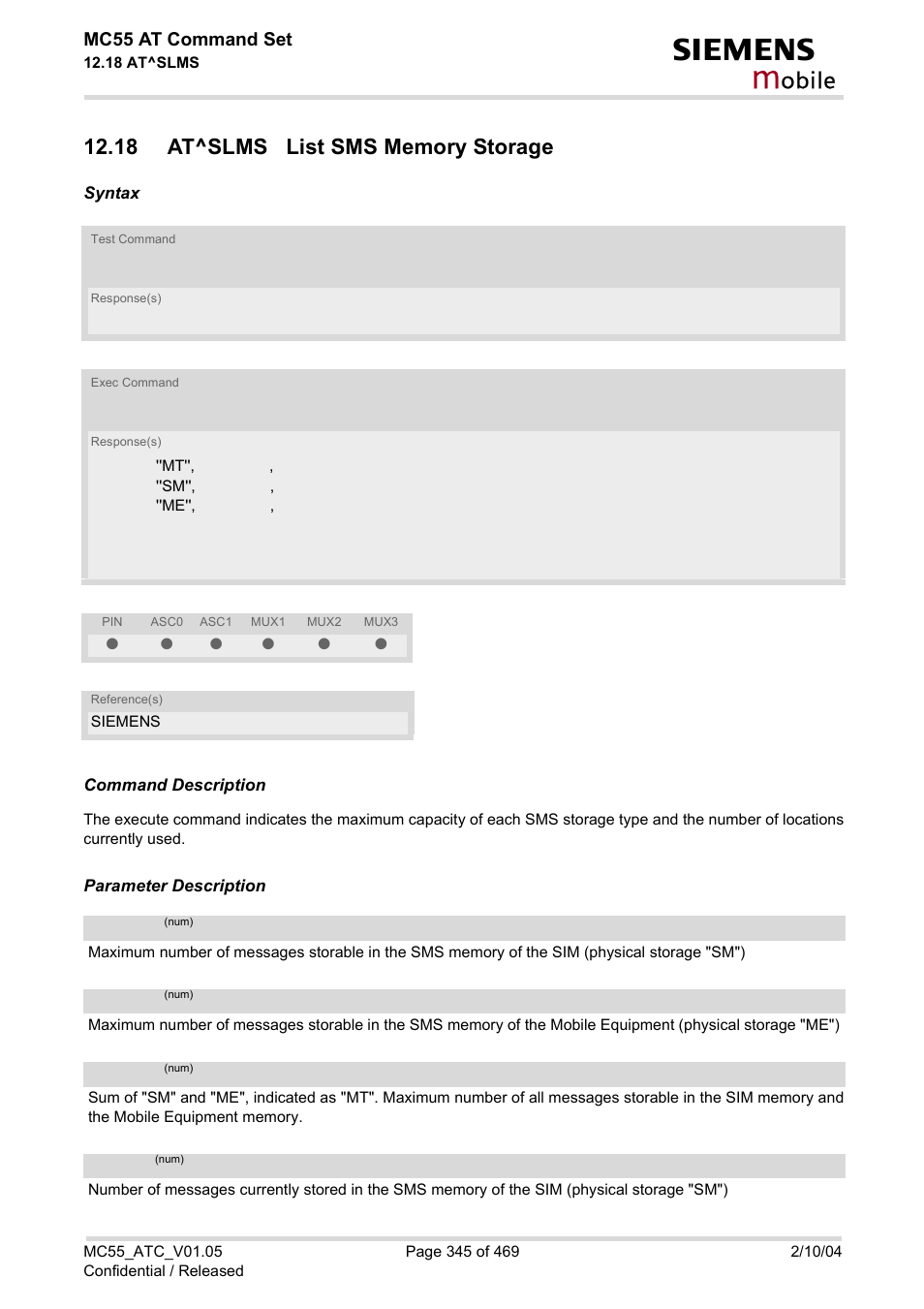 18 at^slms list sms memory storage, Obile, Mc55 at command set | Siemens MC55 User Manual | Page 345 / 469