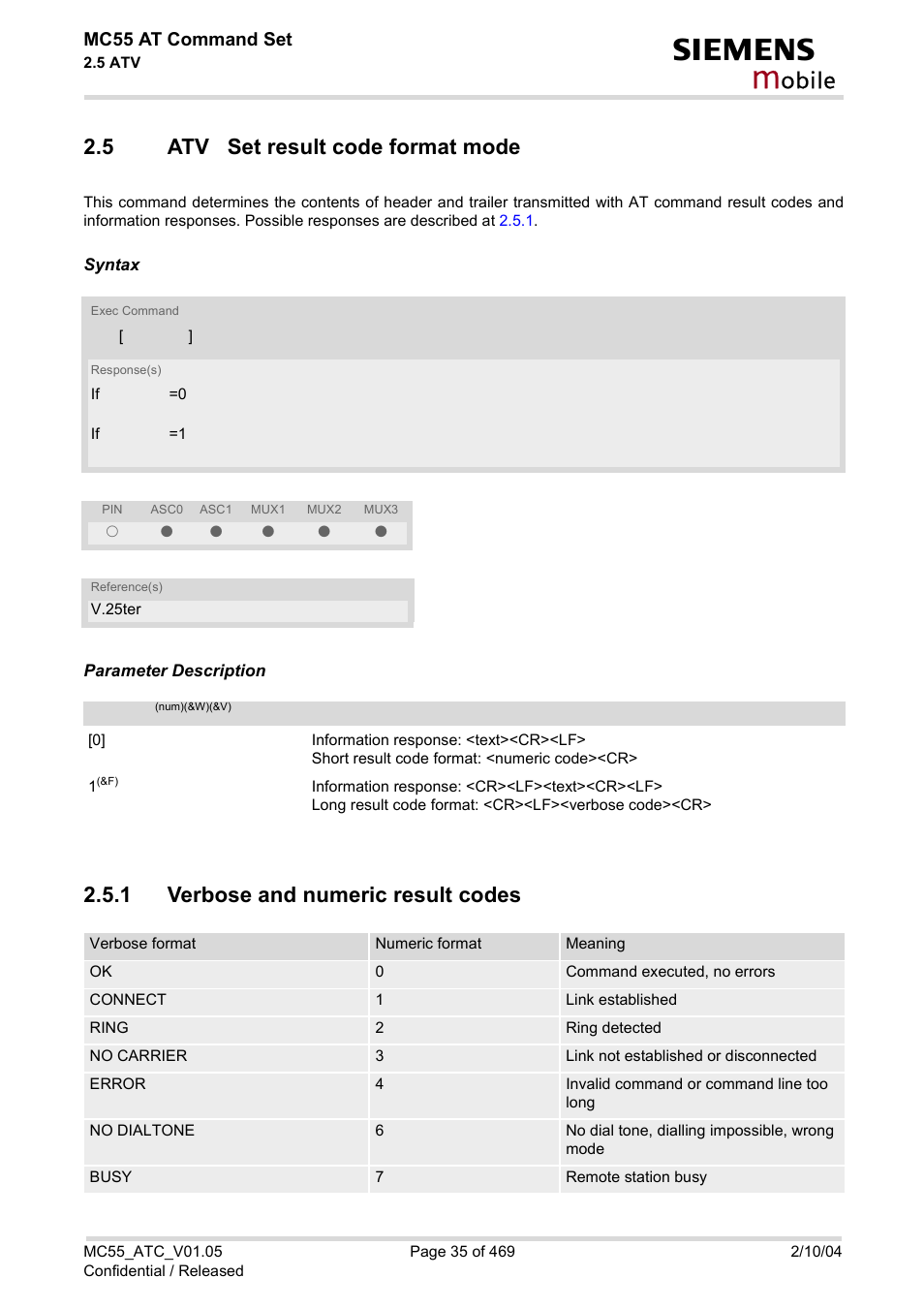 5 atv set result code format mode, 1 verbose and numeric result codes, Atv set result code format mode | Verbose and numeric result codes, Obile | Siemens MC55 User Manual | Page 35 / 469