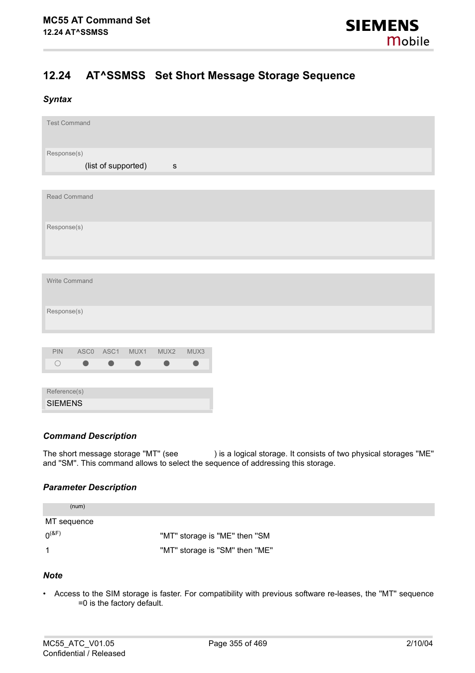 24 at^ssmss set short message storage sequence, At^ssmss, Obile | Mc55 at command set | Siemens MC55 User Manual | Page 355 / 469