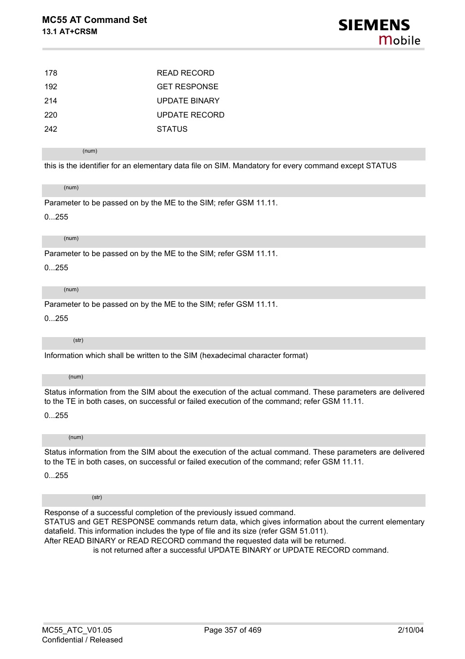 Fileid, Data, Response | Obile, Mc55 at command set | Siemens MC55 User Manual | Page 357 / 469