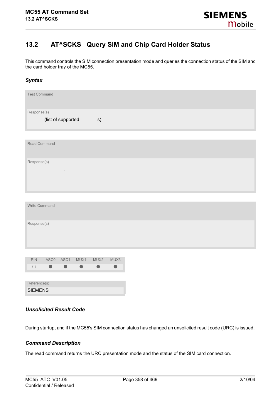 2 at^scks query sim and chip card holder status, Obile, Mc55 at command set | Siemens MC55 User Manual | Page 358 / 469
