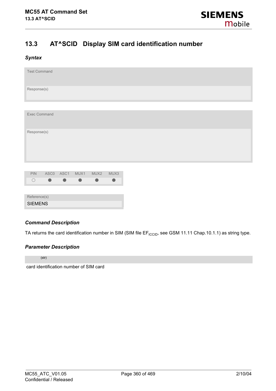 3 at^scid display sim card identification number, Obile | Siemens MC55 User Manual | Page 360 / 469