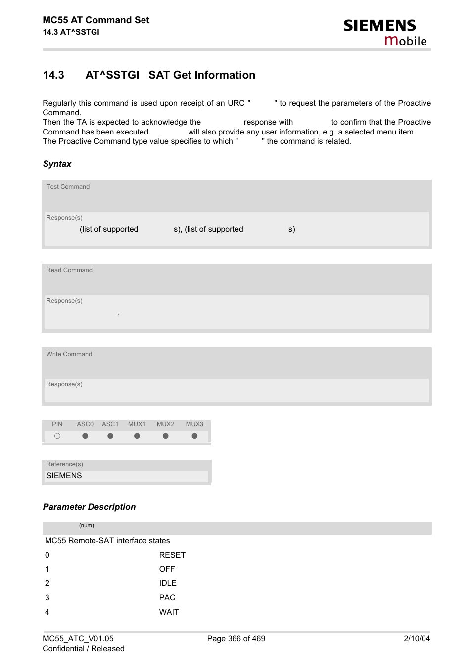 3 at^sstgi sat get information, At^sstgi, Obile | Mc55 at command set | Siemens MC55 User Manual | Page 366 / 469
