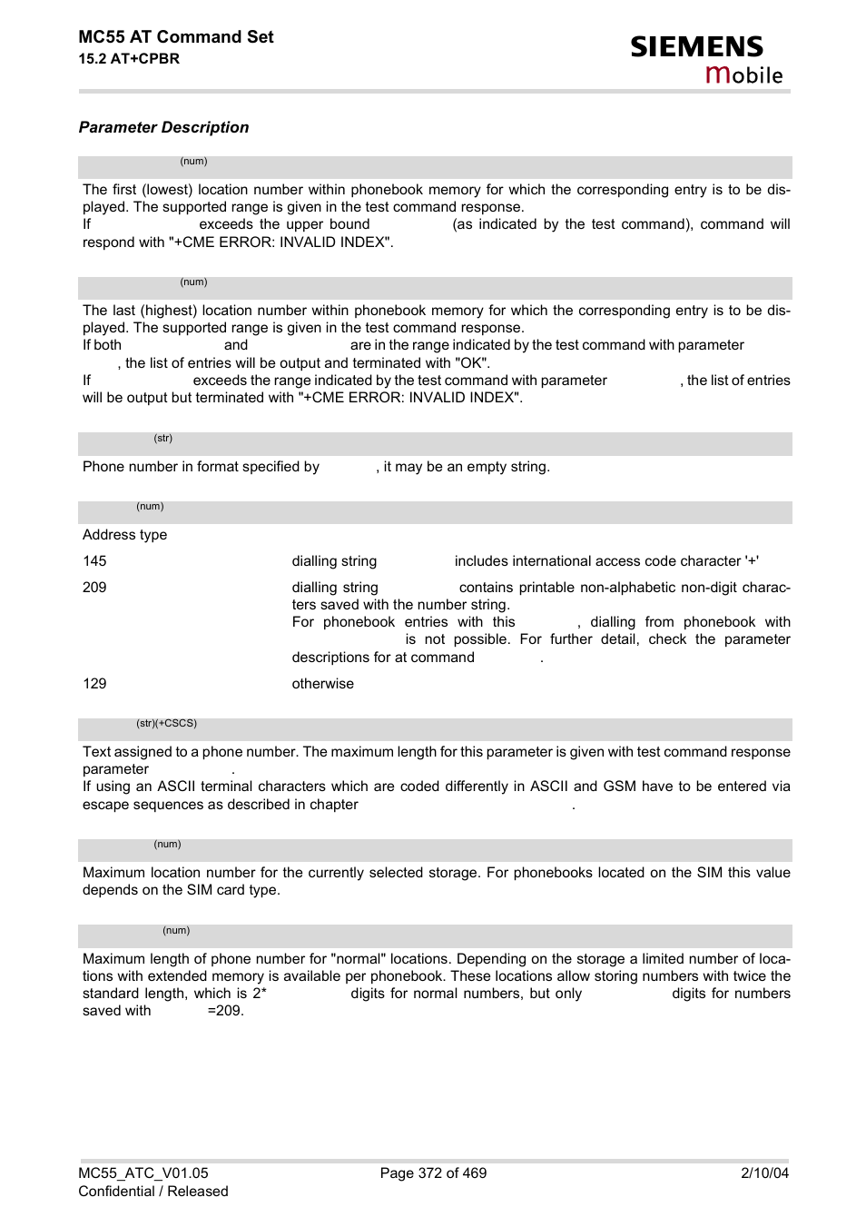 Number, Text, Location1 | From, Location2, Maxloc, Nlength, Cpbr, Type, Obile | Siemens MC55 User Manual | Page 372 / 469