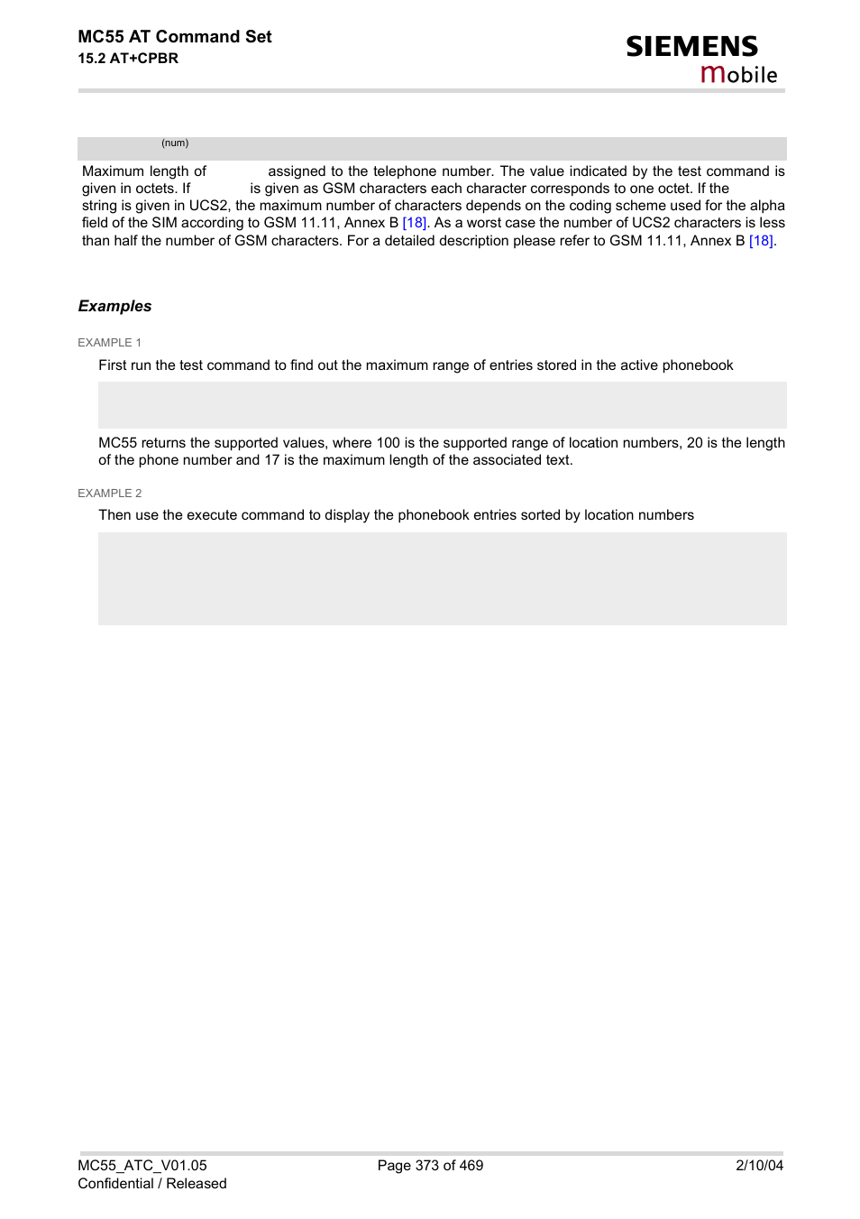 Tlength, Obile, Mc55 at command set | Siemens MC55 User Manual | Page 373 / 469