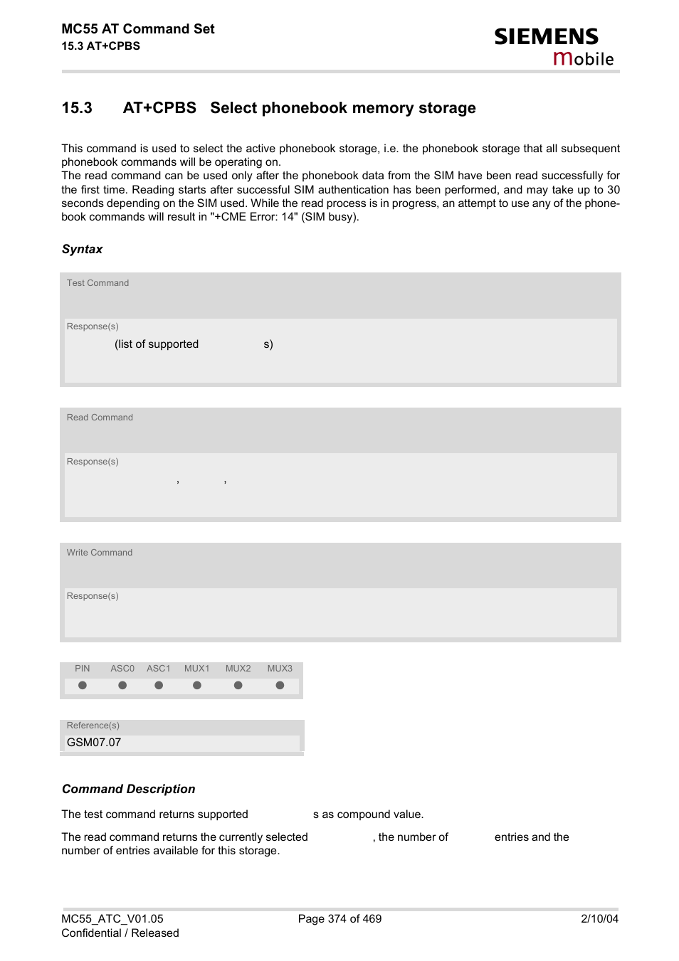 3 at+cpbs select phonebook memory storage, At+cpbs, Obile | Mc55 at command set | Siemens MC55 User Manual | Page 374 / 469