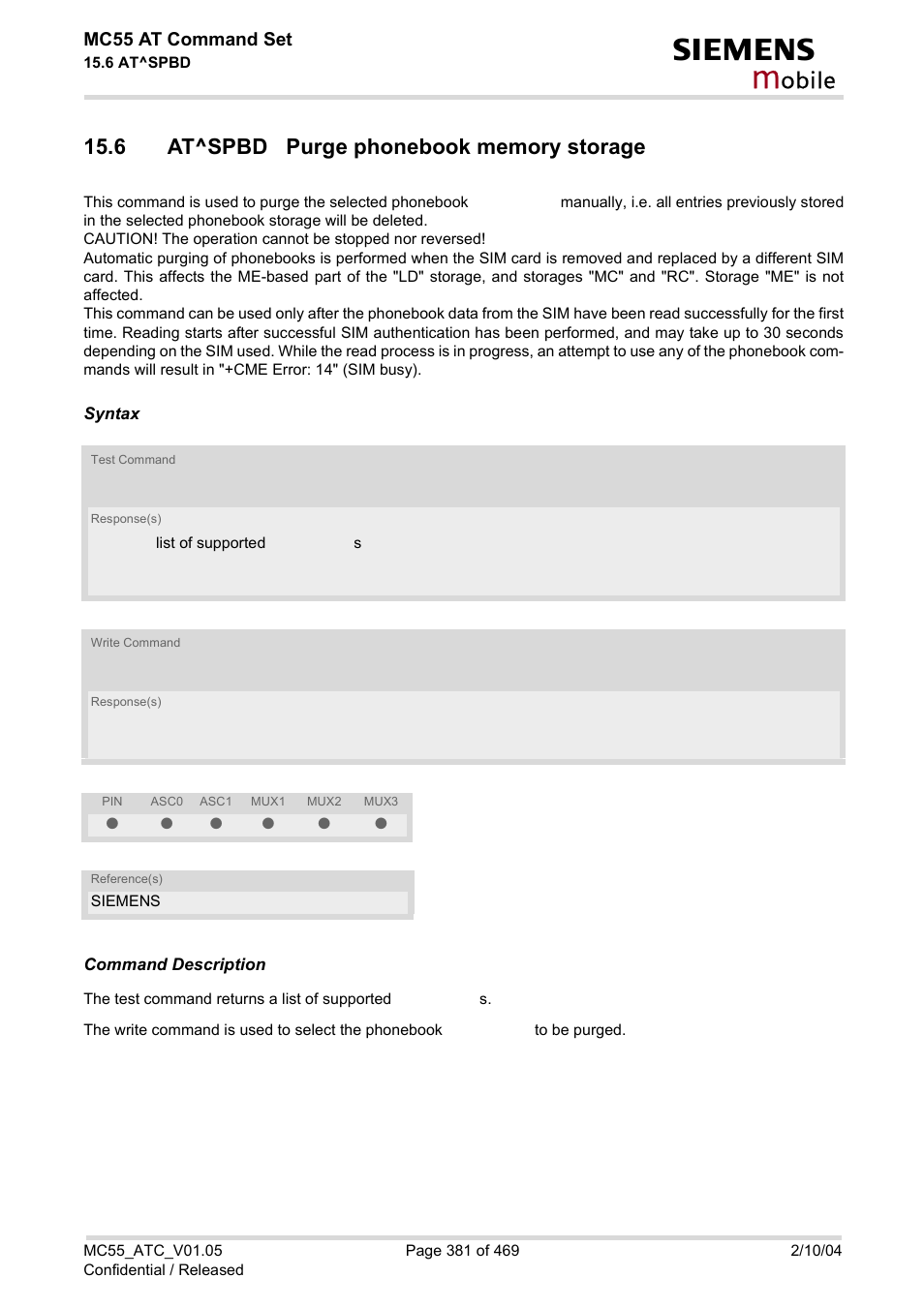 6 at^spbd purge phonebook memory storage, At^spbd, Obile | Siemens MC55 User Manual | Page 381 / 469