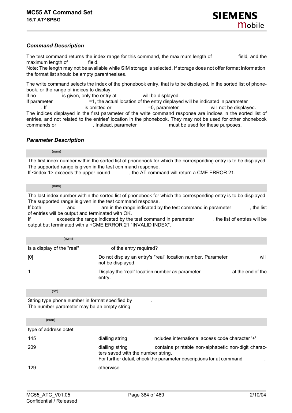 Reallocreq, Reallo, Creq | Index1, Index2, Spbg, Number, Type, Obile, Mc55 at command set | Siemens MC55 User Manual | Page 384 / 469