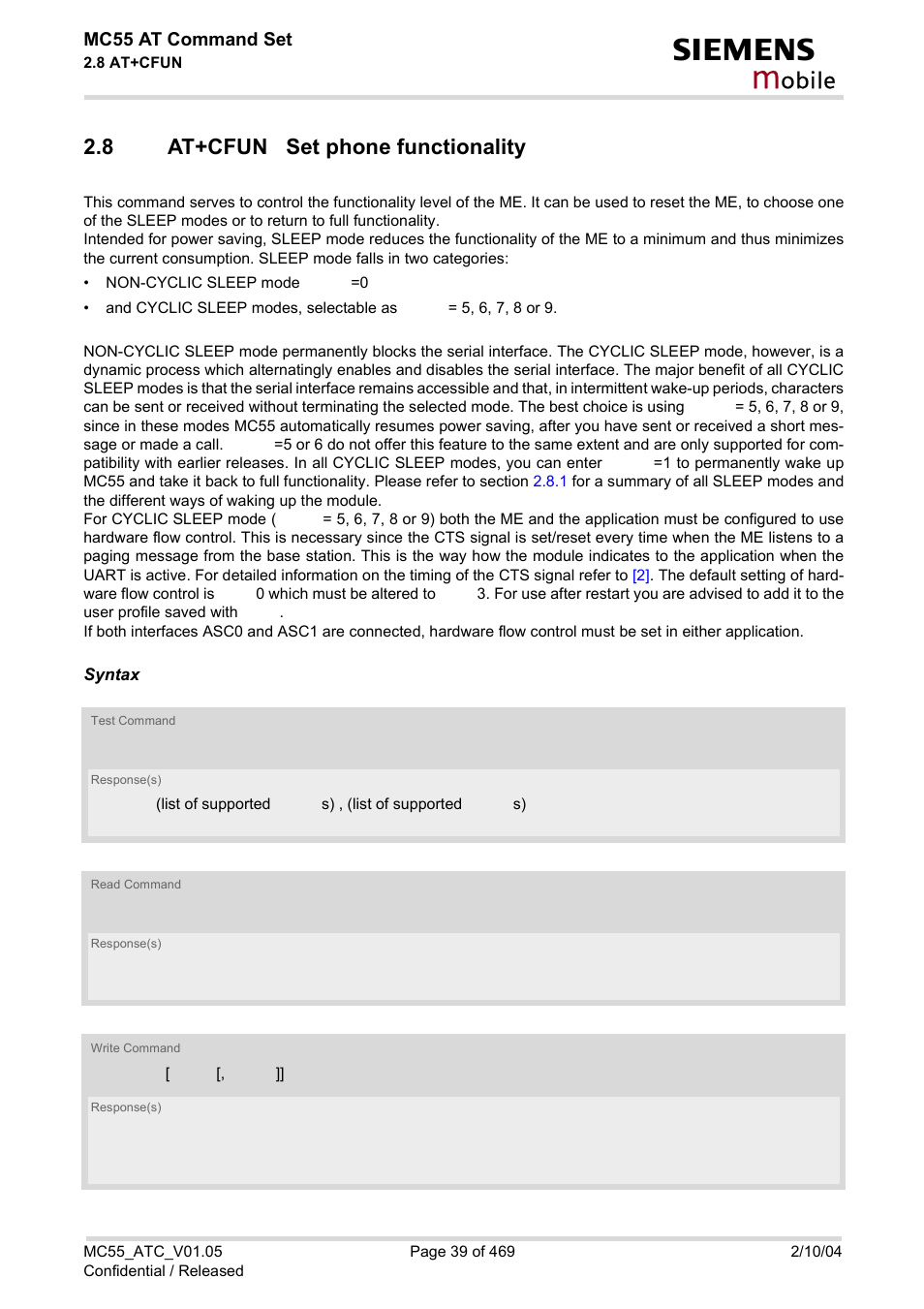 8 at+cfun set phone functionality, At+cfun set phone functionality, At+cfun | Obile | Siemens MC55 User Manual | Page 39 / 469