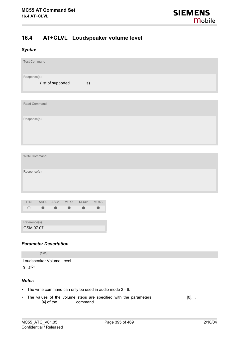 4 at+clvl loudspeaker volume level, Obile, Mc55 at command set | Siemens MC55 User Manual | Page 395 / 469