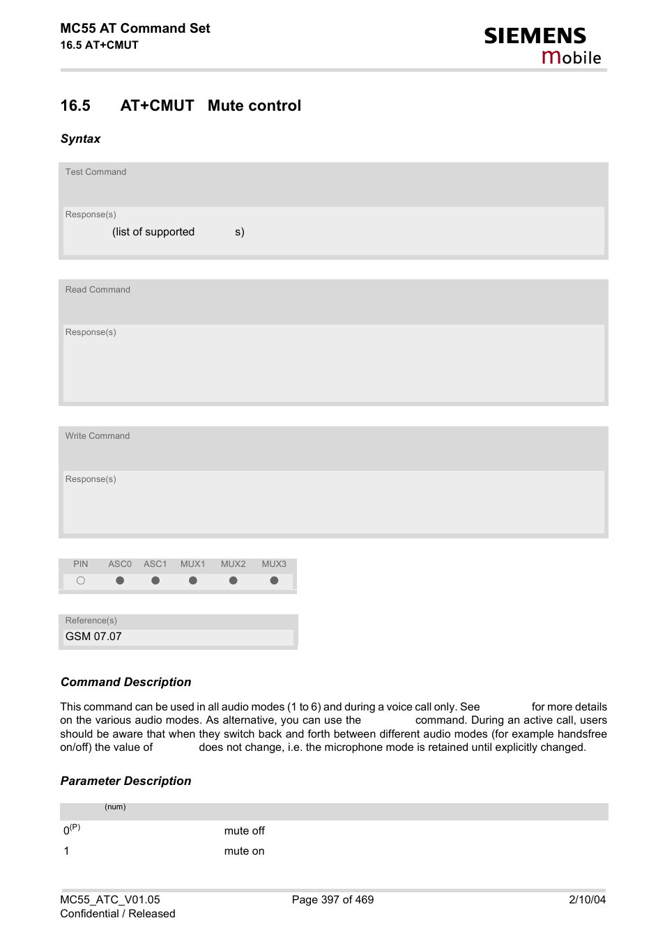 5 at+cmut mute control, Obile, Mc55 at command set | Siemens MC55 User Manual | Page 397 / 469