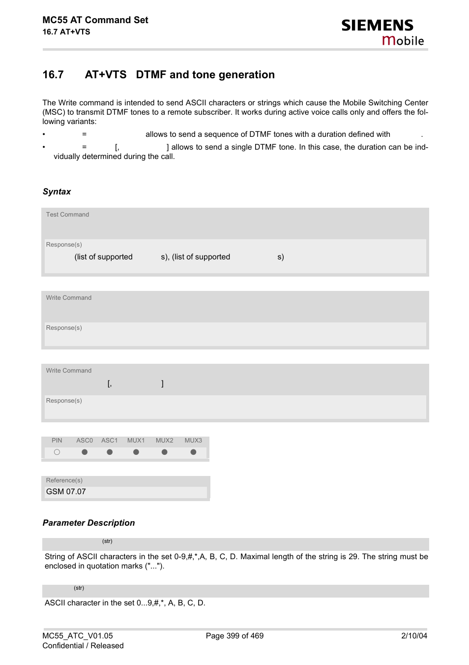 7 at+vts dtmf and tone generation, At+vts, Obile | Mc55 at command set | Siemens MC55 User Manual | Page 399 / 469