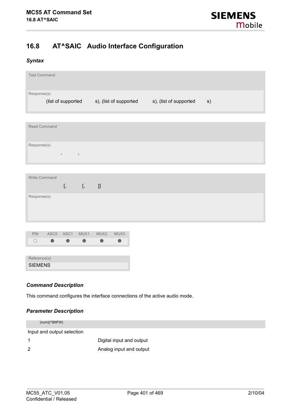 8 at^saic audio interface configuration, Obile, Mc55 at command set | Siemens MC55 User Manual | Page 401 / 469