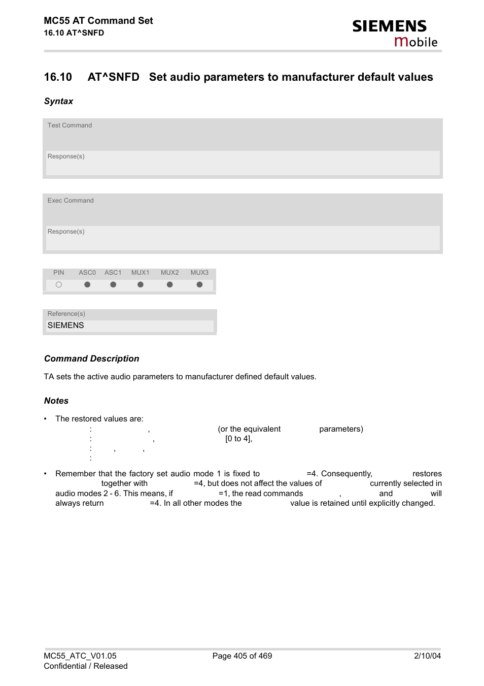 At^snfd, Obile, Mc55 at command set | Siemens MC55 User Manual | Page 405 / 469