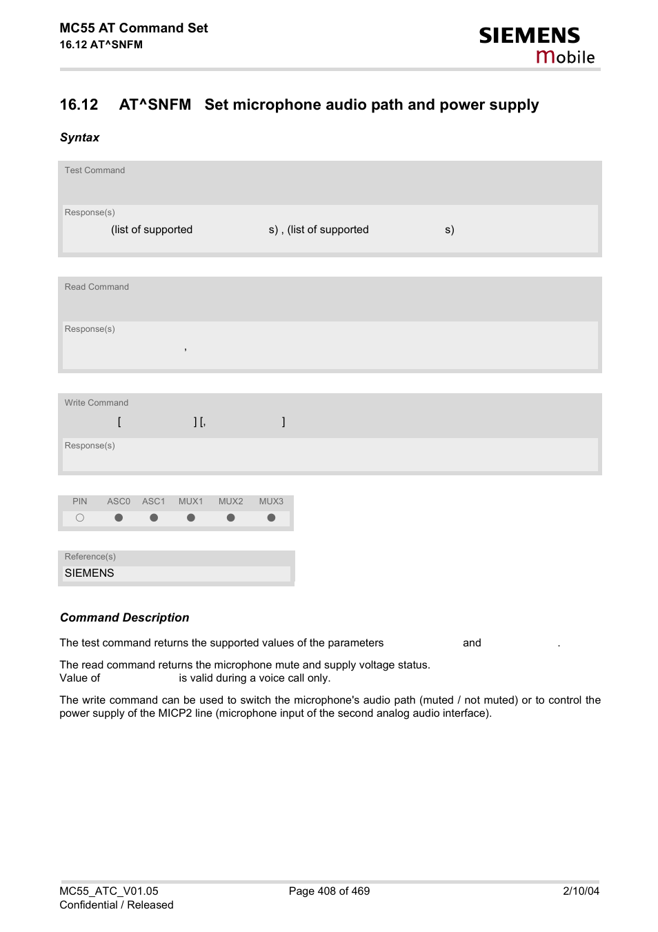 At^snfm, Obile, Mc55 at command set | Siemens MC55 User Manual | Page 408 / 469