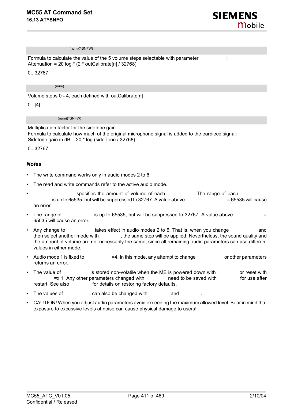 Outcalibrate, Sidetone, Outcali | Brate, Outstep, Obile, Mc55 at command set | Siemens MC55 User Manual | Page 411 / 469