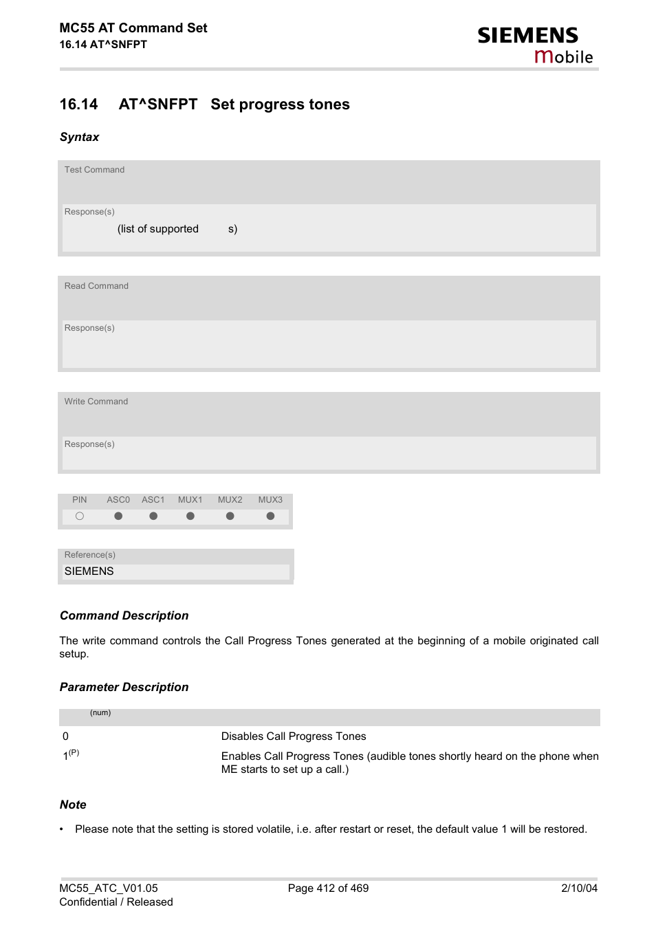 14 at^snfpt set progress tones, Obile, Mc55 at command set | Siemens MC55 User Manual | Page 412 / 469