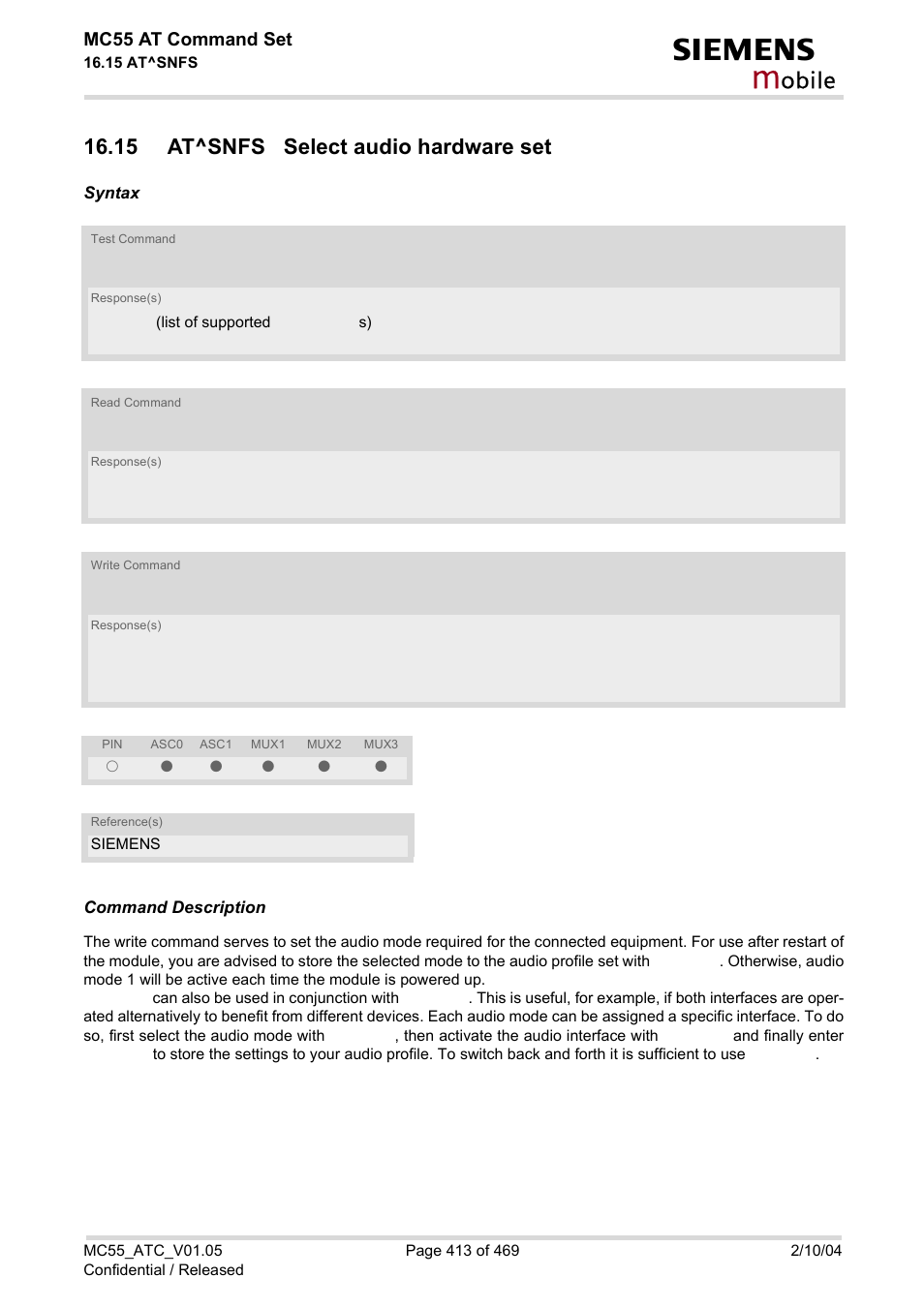 15 at^snfs select audio hardware set, At^snfs, With | Obile, Mc55 at command set | Siemens MC55 User Manual | Page 413 / 469