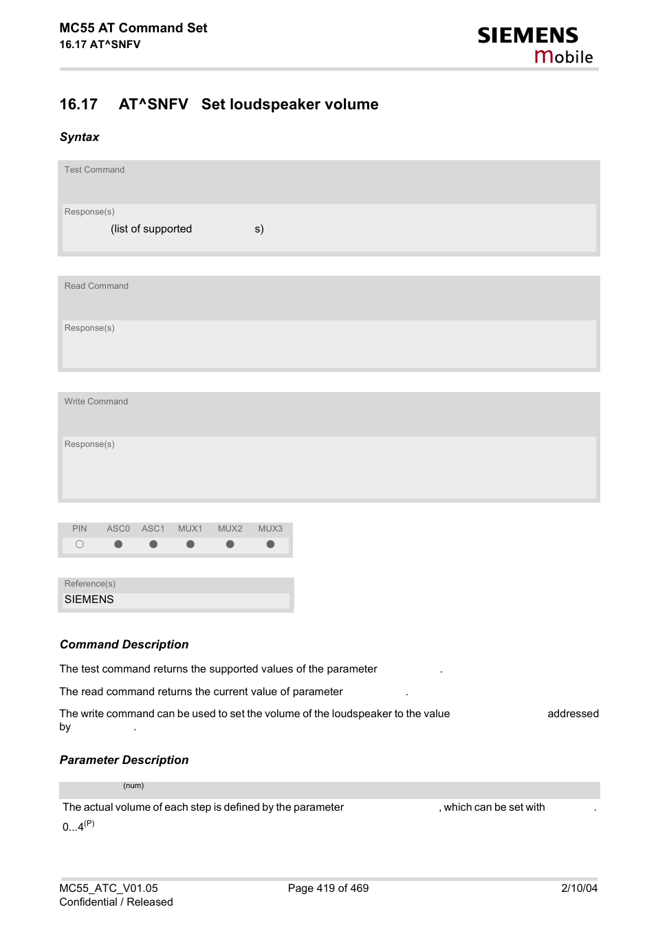 17 at^snfv set loudspeaker volume, At^snfv, Obile | Mc55 at command set | Siemens MC55 User Manual | Page 419 / 469