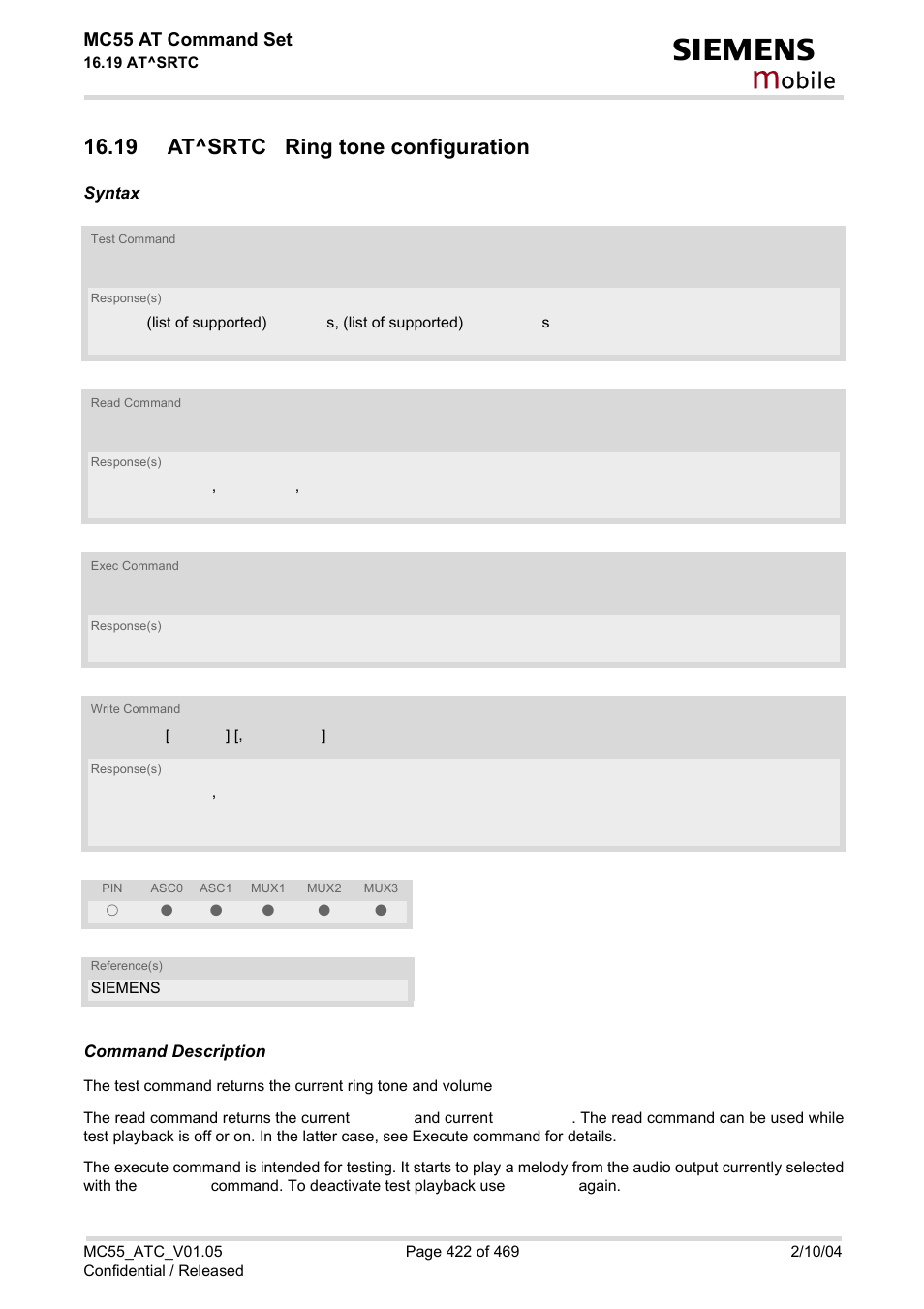 19 at^srtc ring tone configuration, At^srtc, Obile | Mc55 at command set | Siemens MC55 User Manual | Page 422 / 469