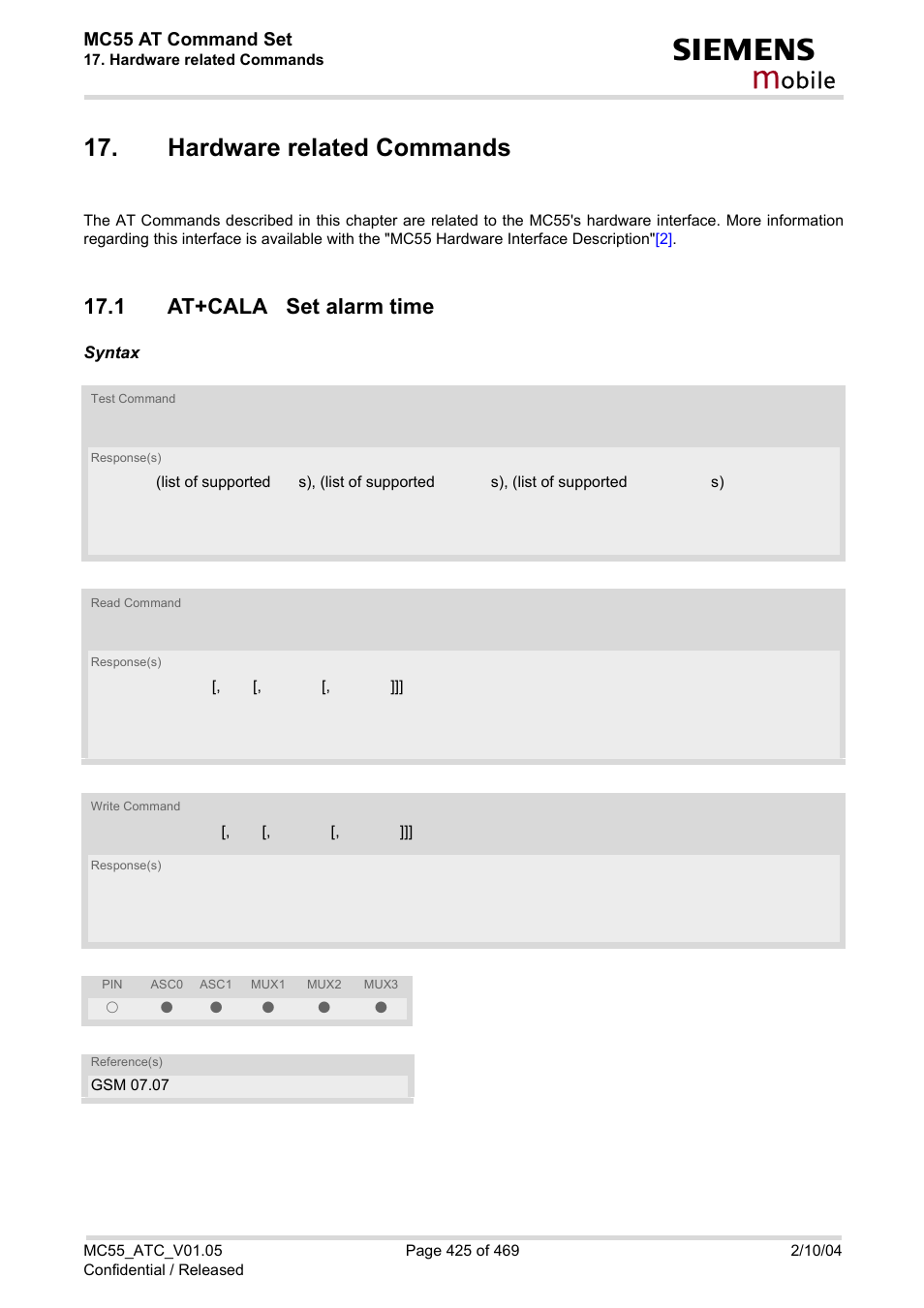 Hardware related commands, 1 at+cala set alarm time, At+cala | Obile | Siemens MC55 User Manual | Page 425 / 469