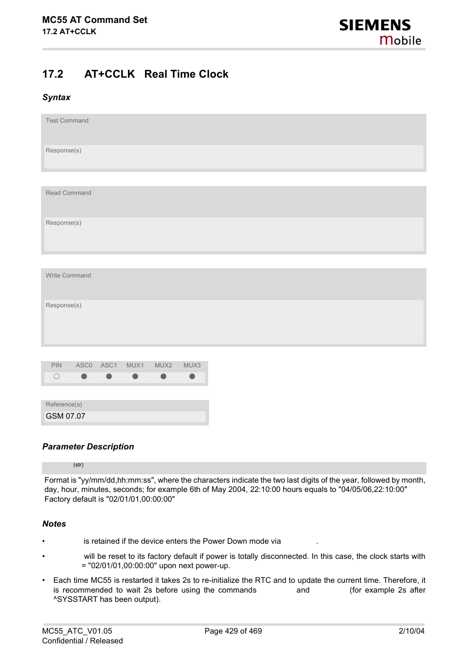 2 at+cclk real time clock, At+cclk, Obile | Mc55 at command set | Siemens MC55 User Manual | Page 429 / 469