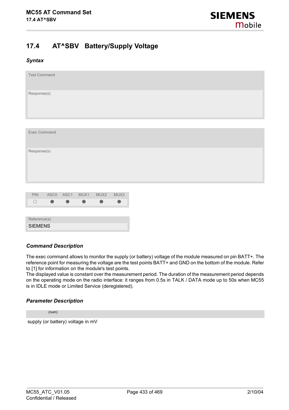 4 at^sbv battery/supply voltage, Obile | Siemens MC55 User Manual | Page 433 / 469